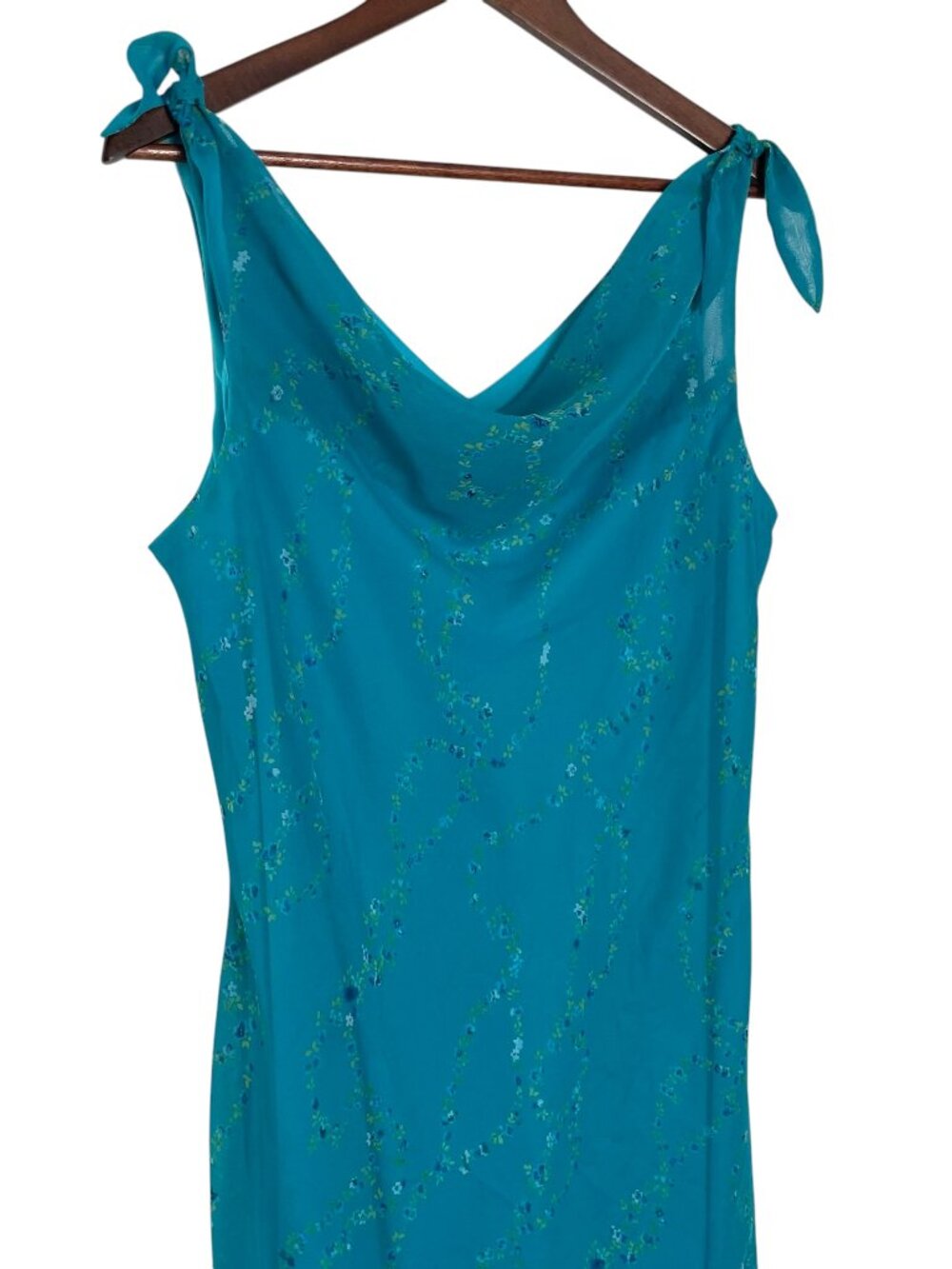 Vintage Y2K Midi Slip Sun Dress Size 16 Blue Cowl Neck Floral Shoulder Tie Fairy